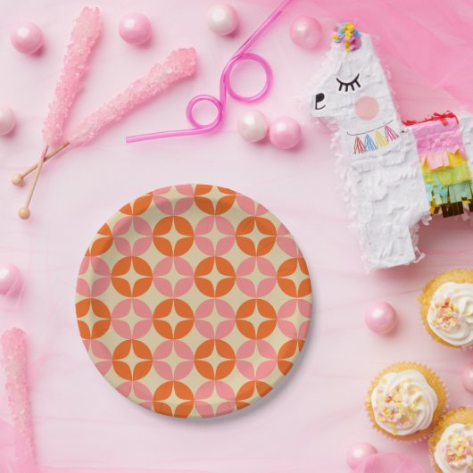 Mod Geometrisches Muster in Rosa und Orange Mitte Pappteller (Party)