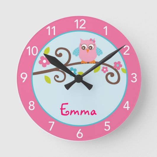 Mod Girl Owl Personalisiertes Kinderzimmer Uhr (Vorderseite)