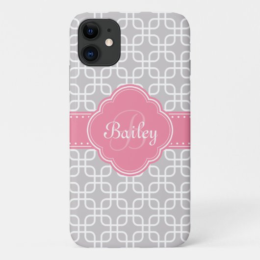 Mod Graues Muster Pink Quatrefolienmonogramm Case-Mate iPhone Hülle (Rückseite)