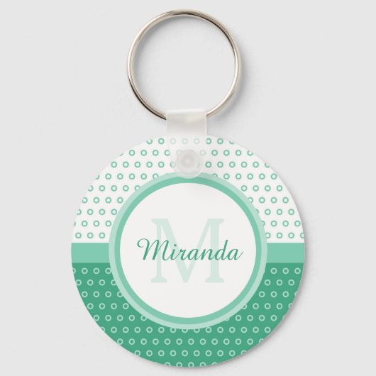 Mod Green und White Polka Dots Monogramm mit Name Schlüsselanhänger (Vorderseite)