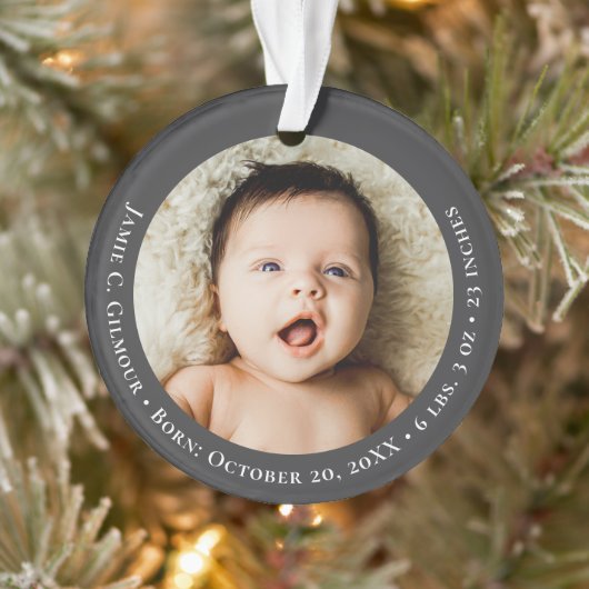 Mod Grey Baby's First Christmas 1 photo Birth date Ornament (Baum)