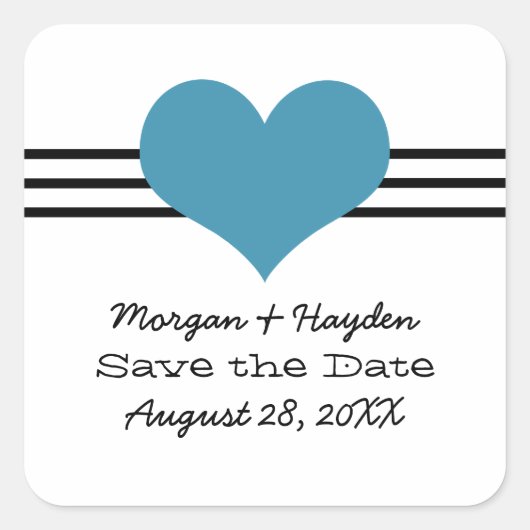 Mod Heart Save the Date Stickers, blau Quadratischer Aufkleber (Vorderseite)