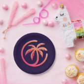 Mod Hot Pink Orange Palm Tree auf Lila Pappteller (Party)