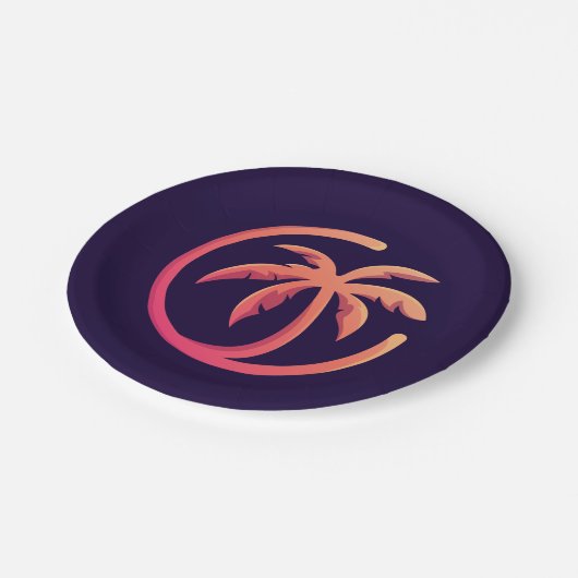 Mod Hot Pink Orange Palm Tree auf Lila Pappteller (Schrägansicht)