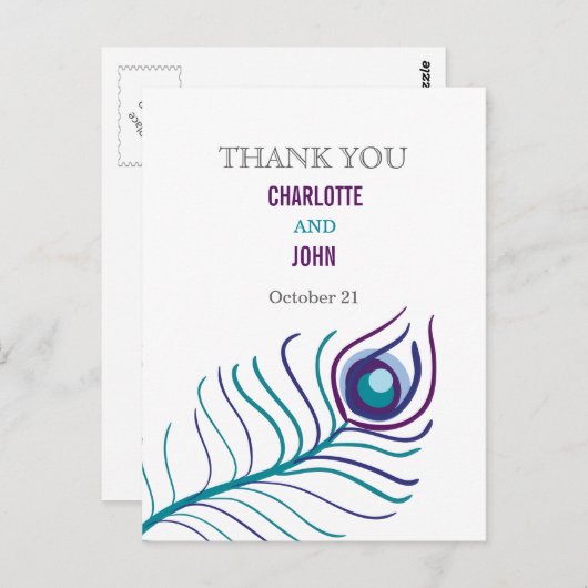 Mod lila, aquamarin blauer Pfau Danke, dass Sie No Postkarte (Vorne/Hinten)