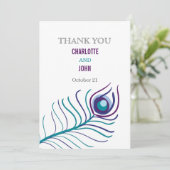 Mod lila, aquamarine Pfauenhochzeit Danke Einladung (Stehend Vorderseite)
