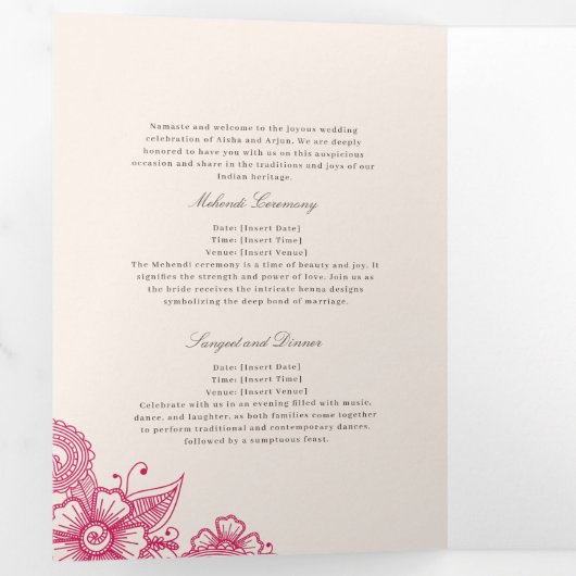 Mod Mehandi Traditionelles indisches Hochzeitsprog Dreifach-gefaltete Programmkarte (Innen Erste Seite)