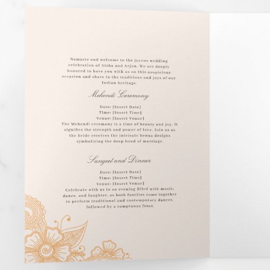 Mod Mehandi Traditionelles indisches Hochzeitsprog Dreifach-gefaltete Programmkarte (Innen Erste Seite)
