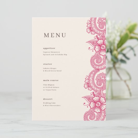 Mod Mehandi Wedding Dinner Menu Menükarte (Stehend Vorderseite)