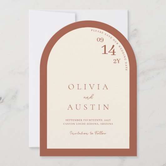 Mod Minimalistisch Terracotta Arch Foto Save the D Einladung (Vorderseite)