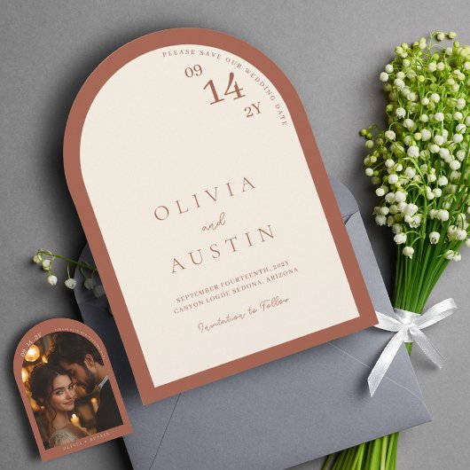 Mod Minimalistisch Terracotta Arch Foto Save the D Einladung