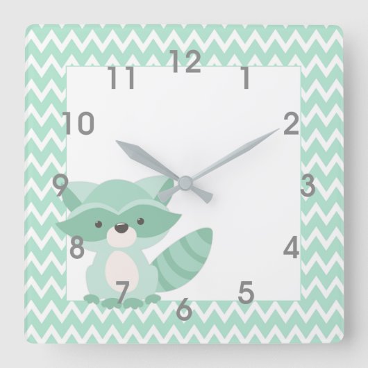 Mod Mint Chevron Raccoon Clock - nursery bedroom Quadratische Wanduhr (Vorderseite)
