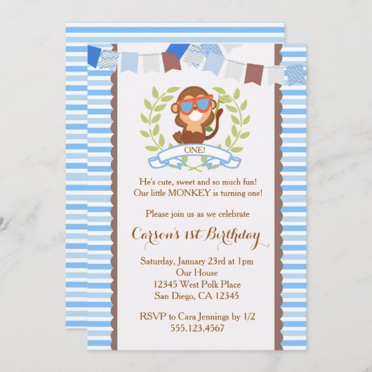 Mod Monkey Boy Birthday Einladung (Vorne/Hinten)