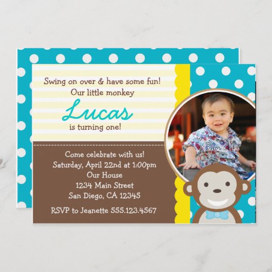 Mod Monkey Foto 1. Geburtstag Einladung (Vorne/Hinten)