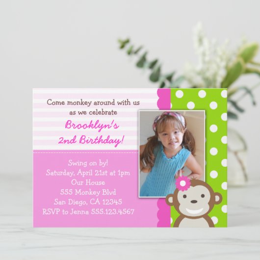 Mod Monkey Girl Geburtstag Einladung Rosa (Stehend Vorderseite)