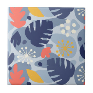 Mod Monstera Leaf Abstrakt Hawaii Tropical - Blue Fliese