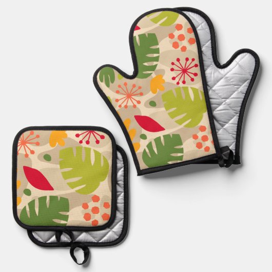 Mod Monstera Leaf Abstrakt Hawaii Tropisch - warm Ofenhandschuh & Topflappen-Set (Vorderseite/Rückseite)