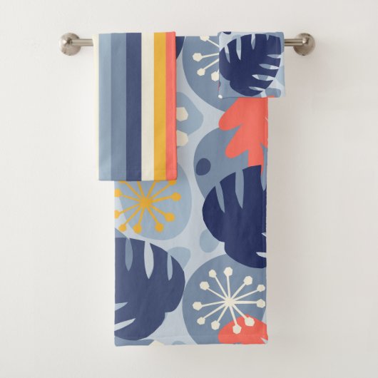 Mod Monstera Leaf Abstrakt Hawaiian Tropical - Blu Badhandtuch Set (Insitu)