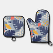 Mod Monstera Leaf Abstrakt Hawaiian Tropical - Blu Ofenhandschuh & Topflappen-Set (Vorderseite)