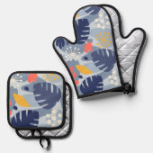 Mod Monstera Leaf Abstrakt Hawaiian Tropical - Blu Ofenhandschuh & Topflappen-Set (Vorderseite/Rückseite)