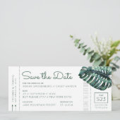 Mod Monstera Leaf Boarding Pass Save the Date Ankündigung (Stehend Vorderseite)
