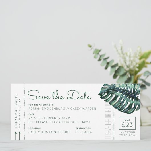 Mod Monstera Leaf Boarding Pass Save the Date Ankündigung (Stehend Vorderseite)