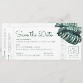 Mod Monstera Leaf Boarding Pass Save the Date Ankündigung (Vorne/Hinten)