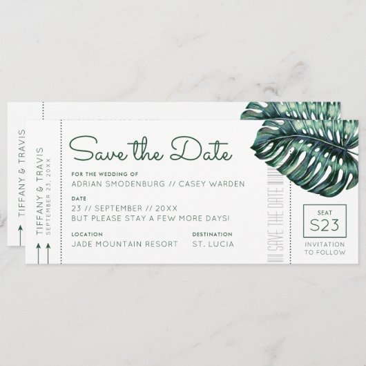 Mod Monstera Leaf Boarding Pass Save the Date Ankündigung (Vorne/Hinten)