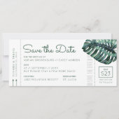 Mod Monstera Leaf Boarding Pass Save the Date Ankündigung (Vorderseite)