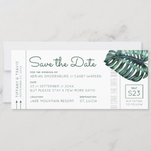 Mod Monstera Leaf Boarding Pass Save the Date Ankündigung