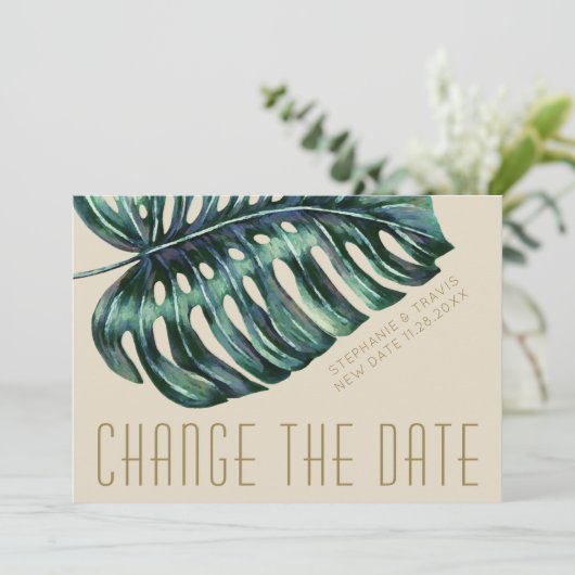 Mod Monstera Leaf Green und Tan New Changed Save The Date (Stehend Vorderseite)