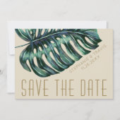 Mod Monstera Leaf Green und Tan Wedding Save The Date (Vorderseite)
