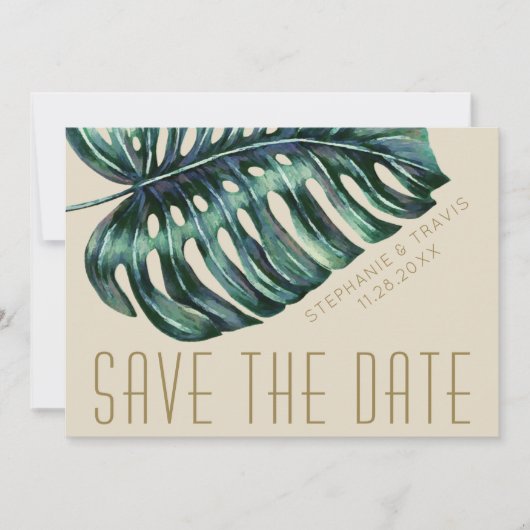 Mod Monstera Leaf Green und Tan Wedding Save The Date (Vorderseite)