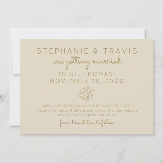 Mod Monstera Leaf Green und Tan Wedding Save The Date (Rückseite)