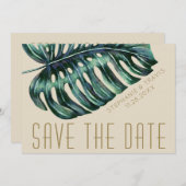 Mod Monstera Leaf Green und Tan Wedding Save The Date (Vorne/Hinten)