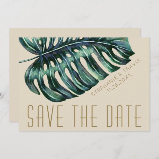 Mod Monstera Leaf Green und Tan Wedding Save The Date (Vorne/Hinten)