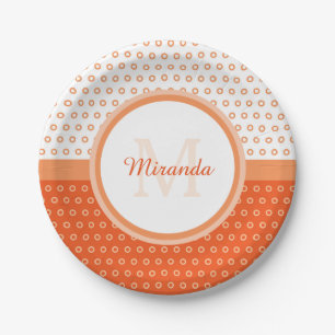 Mod-orange und weißes Polka-Punkt-Monogramm mit Pappteller