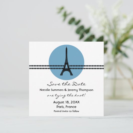Mod Pariser Dots Save the Date einladen, blau (Stehend Vorderseite)