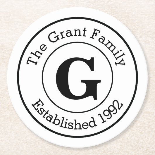 Mod-personalisierte Monogramm-Schwarzweiss-Familie Runder Pappuntersetzer (Vorderseite)