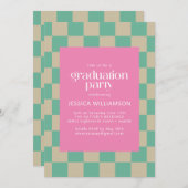 Mod Pink Mint Green Checkerboard Graduation Party Einladung (Vorne/Hinten)