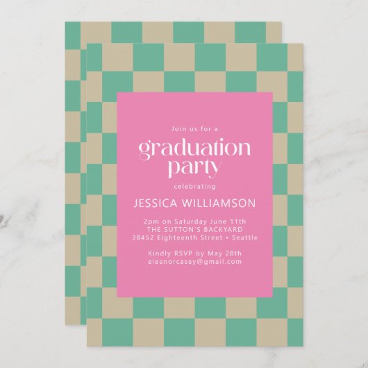 Mod Pink Mint Green Checkerboard Graduation Party Einladung (Vorne/Hinten)