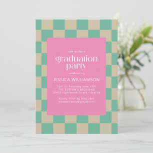 Mod Pink Mint Green Checkerboard Graduation Party Einladung
