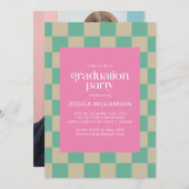 Mod Pink Mint Green Karo Foto Graduation Party Einladung (Vorne/Hinten)
