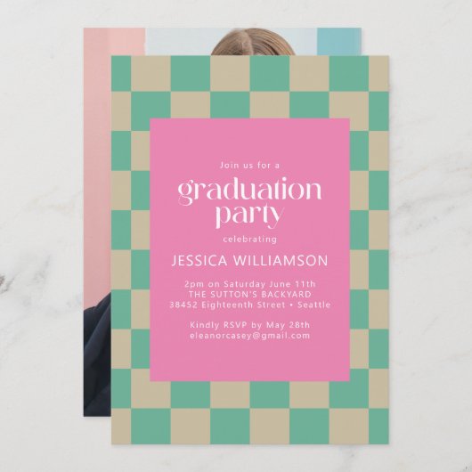 Mod Pink Mint Green Karo Foto Graduation Party Einladung (Vorne/Hinten)