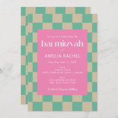 Mod Pink Minze Green Checkerboard Bat Mitzvah Einladung (Vorne/Hinten)