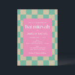 Mod Pink Minze Green Checkerboard Bat Mitzvah Einladung<br><div class="desc">Mod Pink Mint Green Checkerboard Bat Mitzvah Einladung</div>