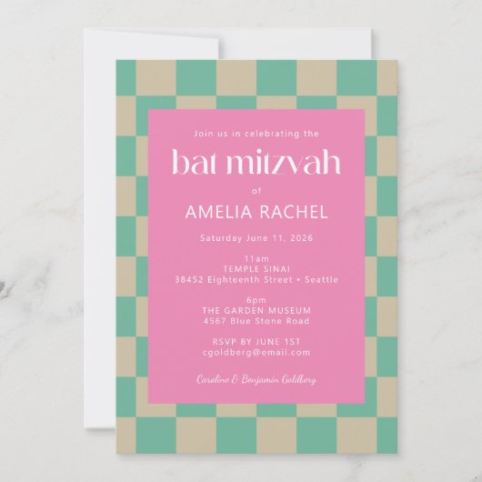 Mod Pink Minze Green Checkerboard Bat Mitzvah UAWG Einladung (Vorderseite)
