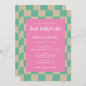 Mod Pink Minze Green Checkerboard Bat Mitzvah UAWG Einladung (Vorne/Hinten)