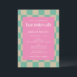 Mod Pink Minze Green Checkerboard Bat Mitzvah UAWG Einladung<br><div class="desc">Mod Pink Mint Green Checkerboard Bat Mitzvah Einladung mit UAWG Details</div>