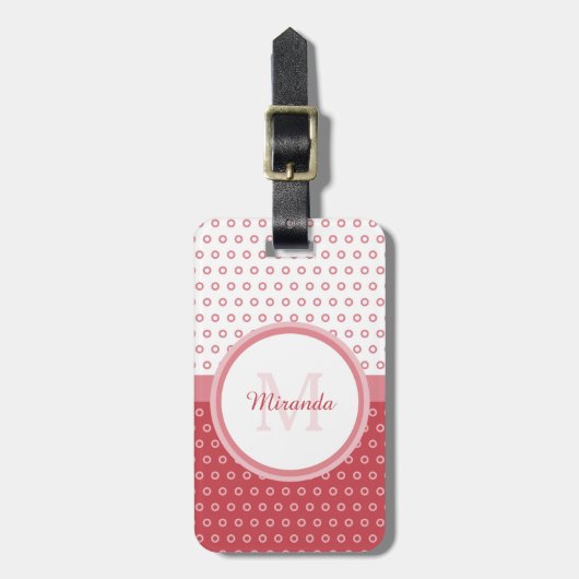 Mod Pink und Weiß Polka Dots Monogramm mit Name Gepäckanhänger (Vorderseite vertikal)